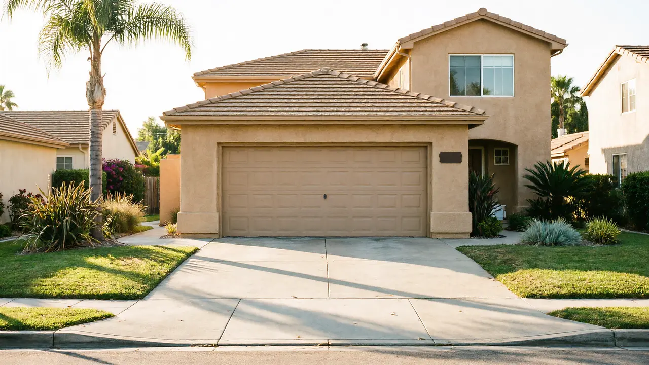 A beige house has a matching garage door and a palm tree in the front yard.