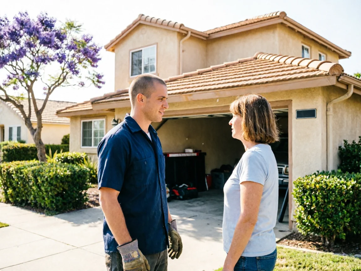 A technician in a blue shirt talks to a woman in front of a house.