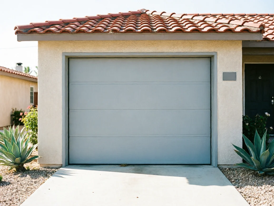 A light gray garage door is on a stucco house with a red tile roof.