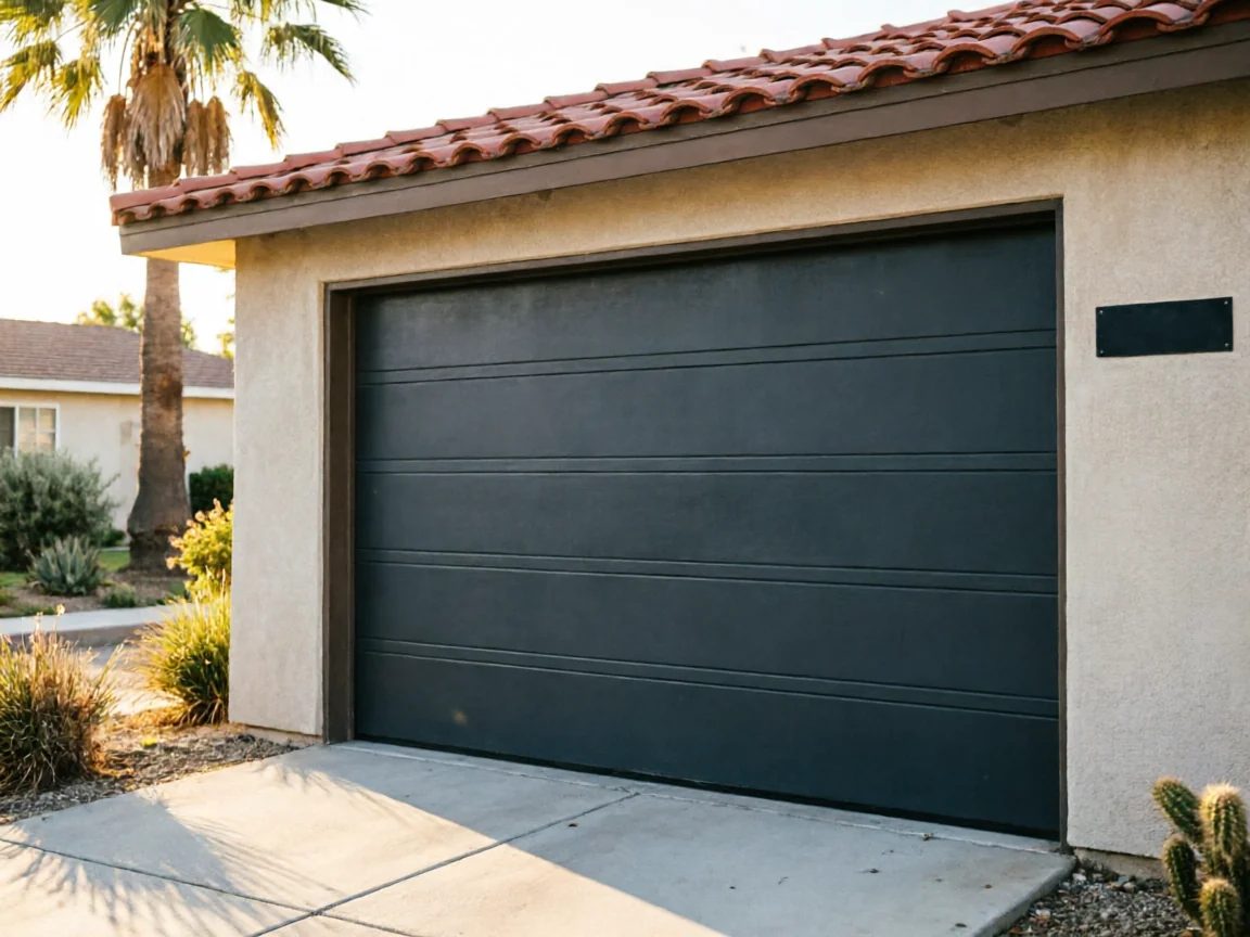 A dark gray garage door is on a stucco house with a red tile roof.