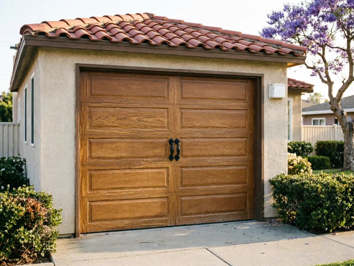 A brown wooden garage door with black handles on a stucco garage.